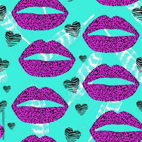 Pattern design of a leopard print lips and hearts on animal print background