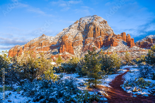 The red rocks near Sedona, Arizona afer a light snow fall.