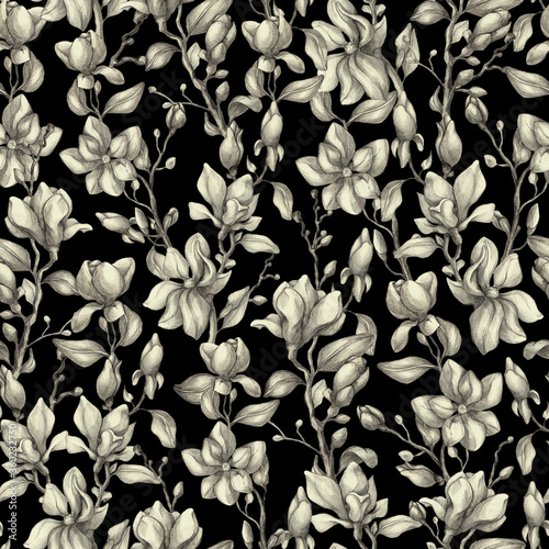 Seamless pattern with magnolia twig. Spring flowers pattern. Pencil magnolia pattern. Perfect for fabrics  textile design  wrapping paper  cards  invitation  website design  wallpaper. 