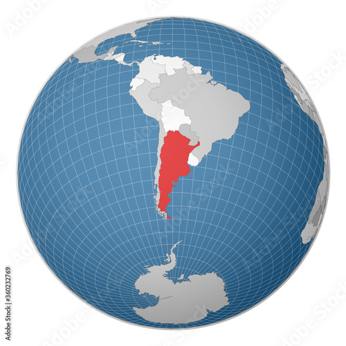 Globe centered on Argentina. Country highlighted in green on world map. Satellite world projection. Authentic vector illustration.