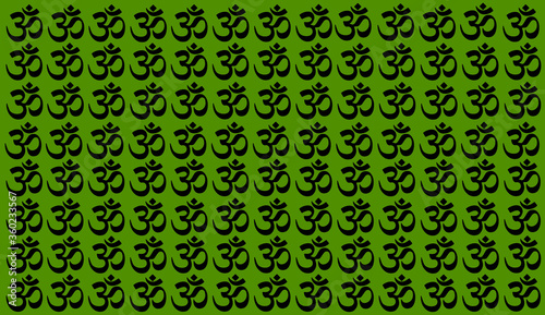 Green Background with Traditional Indian symbols: mantra, om, ganesh. Seamless pattern with Spiritual Yoga Symbol of Om, Aum ,Ohm India symbol Meditation, yoga mantra hinduism buddhism zen, icon.