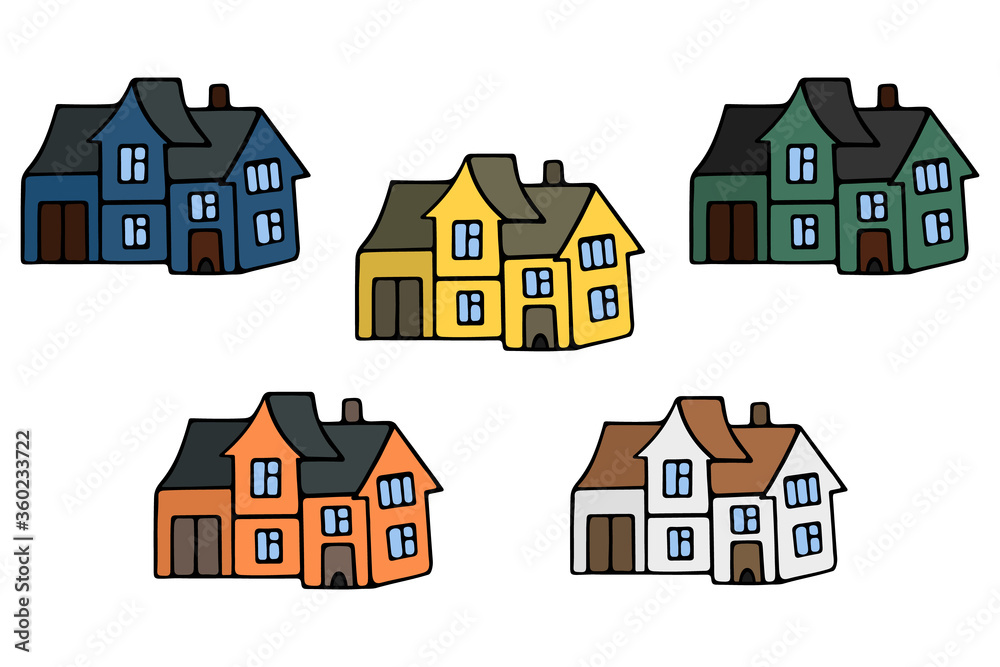 Houses with windows, doors and a garage. Set of vector illustrations. Modern mansion. Cottage. Stay safe. Cozy place of residence. Isolated white background. Cartoon style. Web design, sticker. 