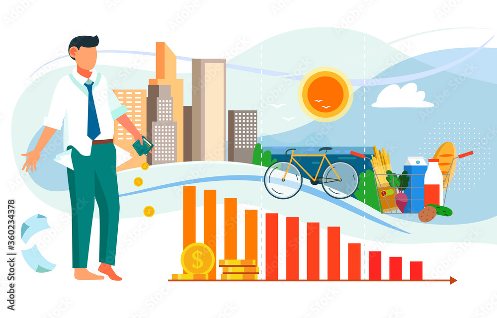 Falling income of the working population concept. Man shows his empty pockets and graph shows a decline in human income and a deterioration in living standards. Vector illustration