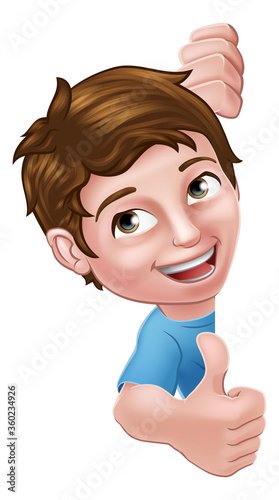 A kid cartoon boy child peeking around a sign and giving a thumbs up