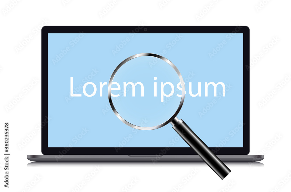 Illustration of laptop with blue screen and magnifying glass examining text, vector Illustration of laptop with blue screen and magnifying glass examining text, vector