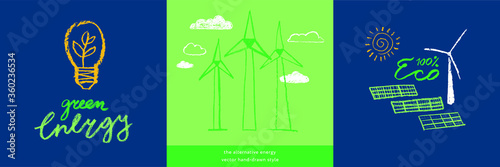 Ecology icons and eco friendly technology concept. Green energy emblem in hand drawn naive style. Vector childish illustration of wind turbines and solar power farms. Renewable energy. Global warming.