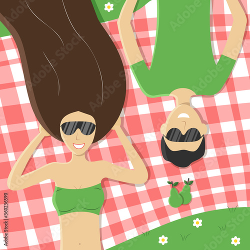 Young couple lying on plaid checkered picnic blanket in park. Man and brunette woman with long hair wearing sunglasses. Bright summer vector square illustration