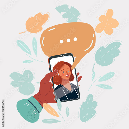 Vector illustration of Womans face on smartphon screen, speech bubble above. Person using a mobile phone for online concultation, videocall, wath video in social media photo