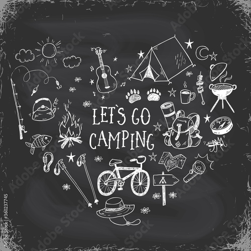 Lets go camping vector illustration with hand drawn camp doodles on a chalkboard background. Touristic equipment, live on nature concept.
