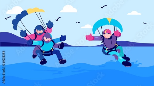 Summer sport activity, sea parachute jump vector illustration. Man woman people cartoon character fun extreme parachuting. Person sportsman fly, skydiving for freedom in air and flat speed.