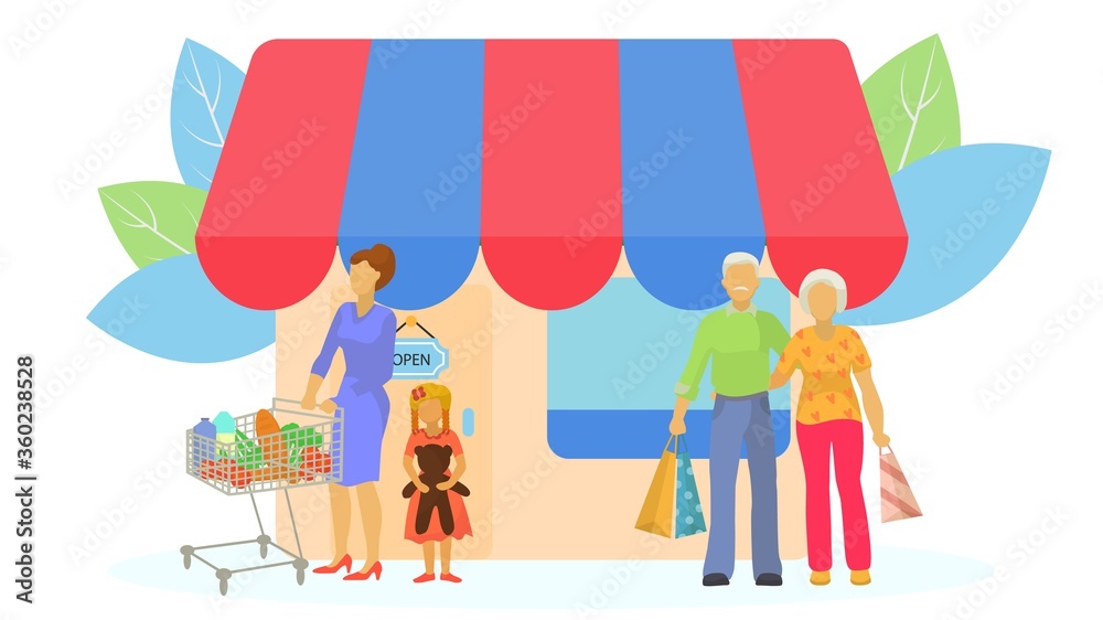 Family with purchase at shop outdoor, vector illustration. Business store with customer, retail sale at city mall and supermarket. Flat man woman consumer outside concept, product grocery. Family with purchase at shop outdoor, vector illustration. Business store with customer, retail sale at city mall and supermarket. Flat man woman consumer outside concept, product grocery.