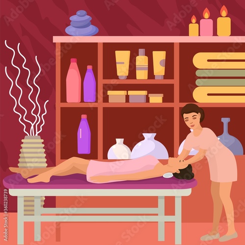Massage for woman, relax in spa salon vector illustration. Beauty body care and health treatment, leisure for skin and recreation. Head face therapy, luxury relaxation and facial wellness medicine.