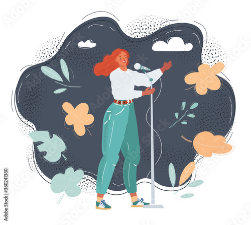 Vector illustration of woman holding a microphone and make stendup show, sing, speaks at the conference
