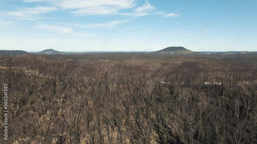 Forward tracking aerial shot with slight tilt down. Passes over a road and shows the destruction of the recent fires. Forward tracking aerial shot with slight tilt down. Passes over a road and shows the destruction of the recent fires.