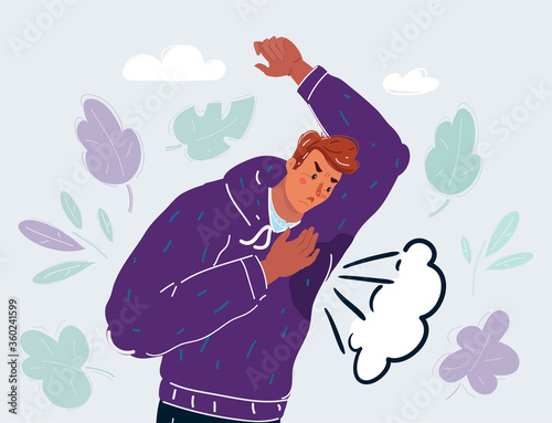 Vector illustration of Man with hyperhidrosis sweating very badly under armpit