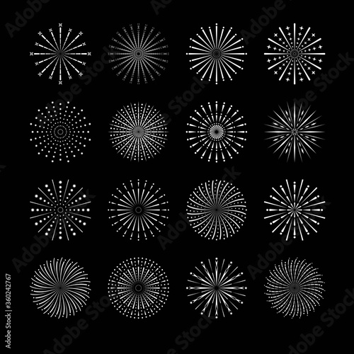 Firework Icon Set Isolated On Black Background. Festive Sparkles, Firework Explosion, Festival And Event, Happy New Year.