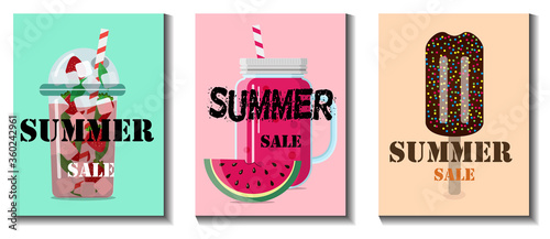 Flat vector illustration of a summer sale of goods. Advertising with ice cream, smothie, lemonade on a banner, website or flyer about 50 percent discounts on goods, products, and clothing during the