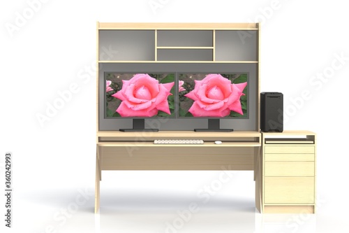 Computer table. 3D render of the workplace for the designer and constructor.