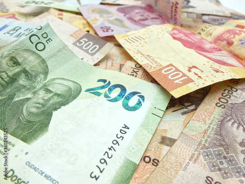 Bills of different denominations of Mexican pesos