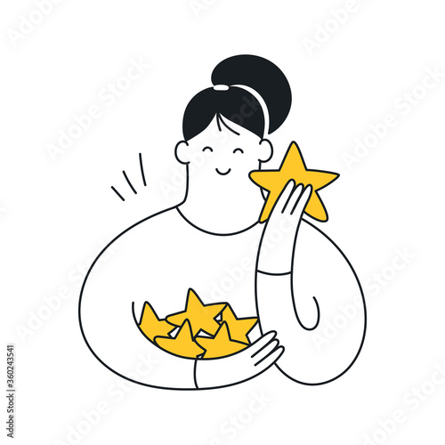 Cute girl holding stars in her hands. Rating, review, feedback icon. Customer review rating concept. Flat line vector illustration on white.
