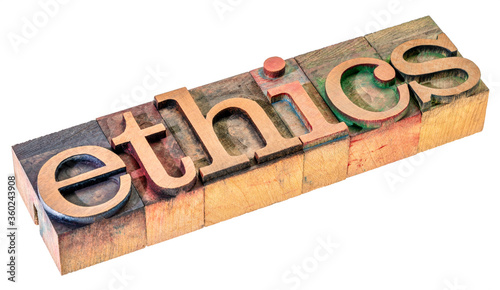 фотографія ethics word - isolated text in letterpress wood type blocks stained by color ink
