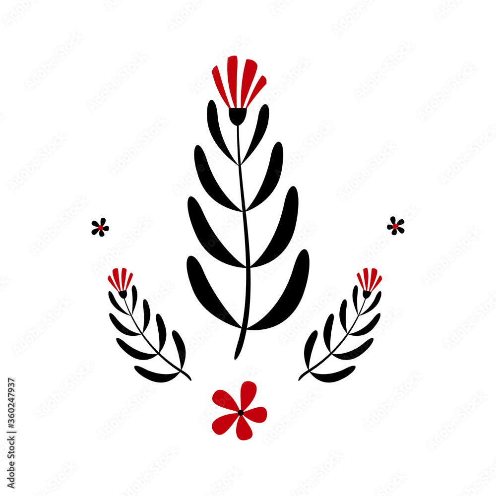 Ornament graphics for textile design. Floral objects isolated on white background. Vector illustration.
