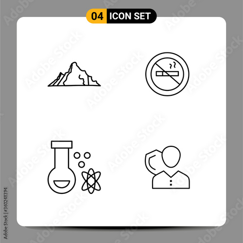 4 User Interface Line Pack of modern Signs and Symbols of hill, atom, mountain, smoking, science photo