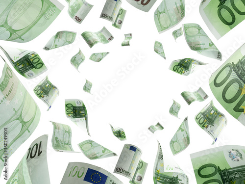 Money stack. Falling banknotes. European money on white isolation background.