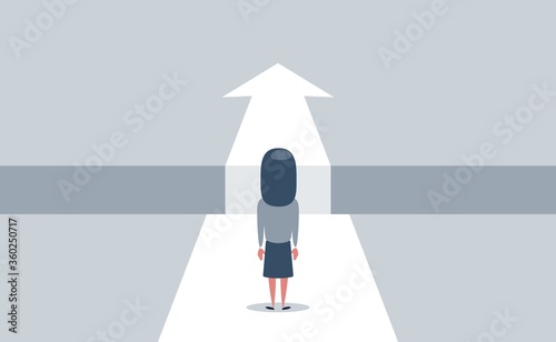 Business challenge and solution vector concept with businesswoman standing over big gap. Symbol of overcoming obstacles, strategy, analysis, creativity. vector illustration.