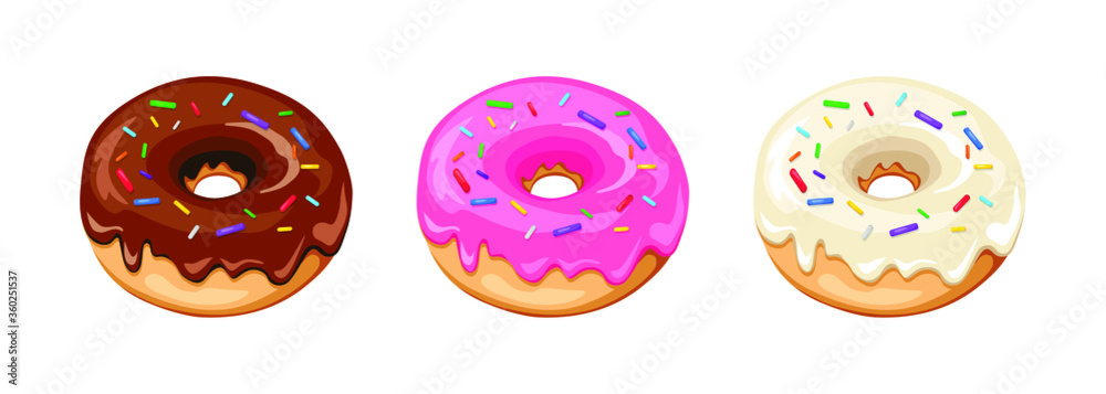 Vector illustration of donut with chocolate, pink and white glaze on white background