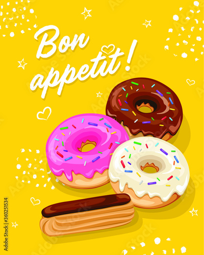 Vector illustration card of donut with chocolate, pink and white glaze. Sweet eclair poster. Enjoy your meal