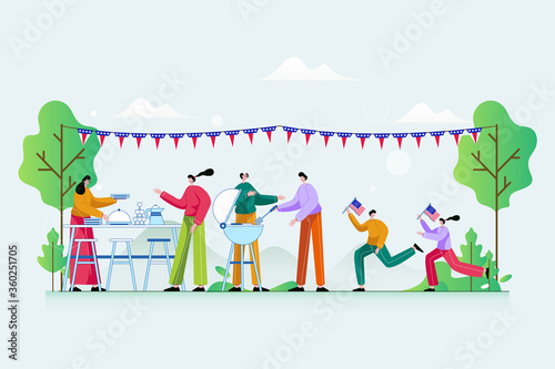 Family celebrating 4th of July in a BBQ - Vector Illustration