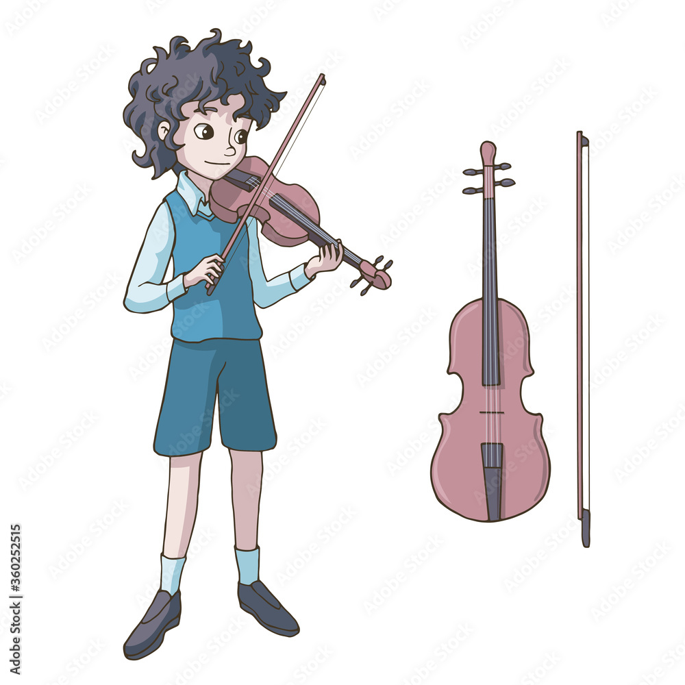 Vecteur Stock Cute cartoon boy playing the violin. Decor element for kids  products (room, clothes, stationery). Set of vector illustrations. Music  lesson. Isolated objects on white background. Light pastel colors. | Adobe