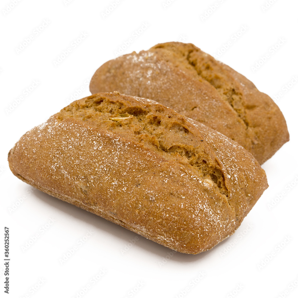 Two rolls of wheat and rye flour, with seeds. Delicious bread. Isolated on a white background. Two rolls of wheat and rye flour, with seeds. Delicious bread. Isolated on a white background.