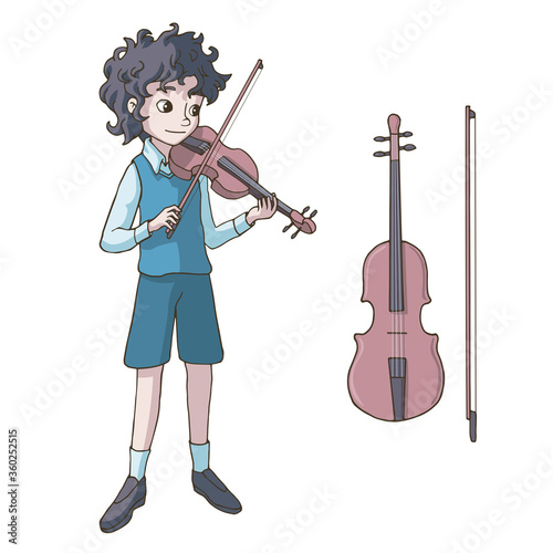 Cute cartoon boy playing the violin. Decor element for kids products (room, clothes, stationery). Set of vector illustrations. Music lesson. Isolated objects on white background. Light pastel colors.