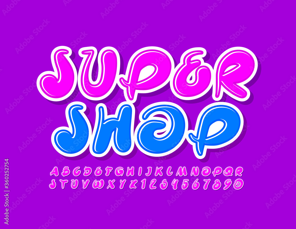 Vector bright emblem Super Shop with Violet creative Font. Artistic Alphabet Letters and Numbers