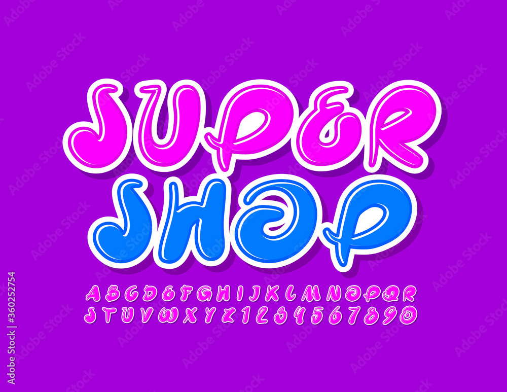Vector bright emblem Super Shop with Violet creative Font. Artistic Alphabet Letters and Numbers Vector bright emblem Super Shop with Violet creative Font. Artistic Alphabet Letters and Numbers