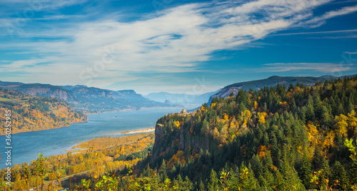 View of Crown Point and the Vista House and the Columbia River Gorge national Scenic Area in the fall season.