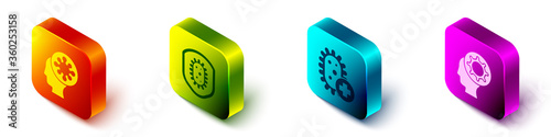 Set Isometric Human and virus, Shield protecting from virus, Positive virus and Human and virus icon. Vector