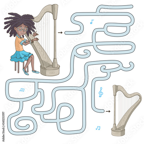 Labyrinth. Maze game for kids. Help cute cartoon Afro-American girl find path to her harp. Vector illustration. Light blue and yellow pastel colors.