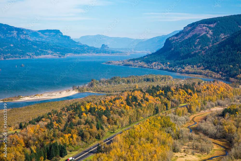 View of Crown Point and the Vista House and the Columbia River Gorge national Scenic Area in the fall season.