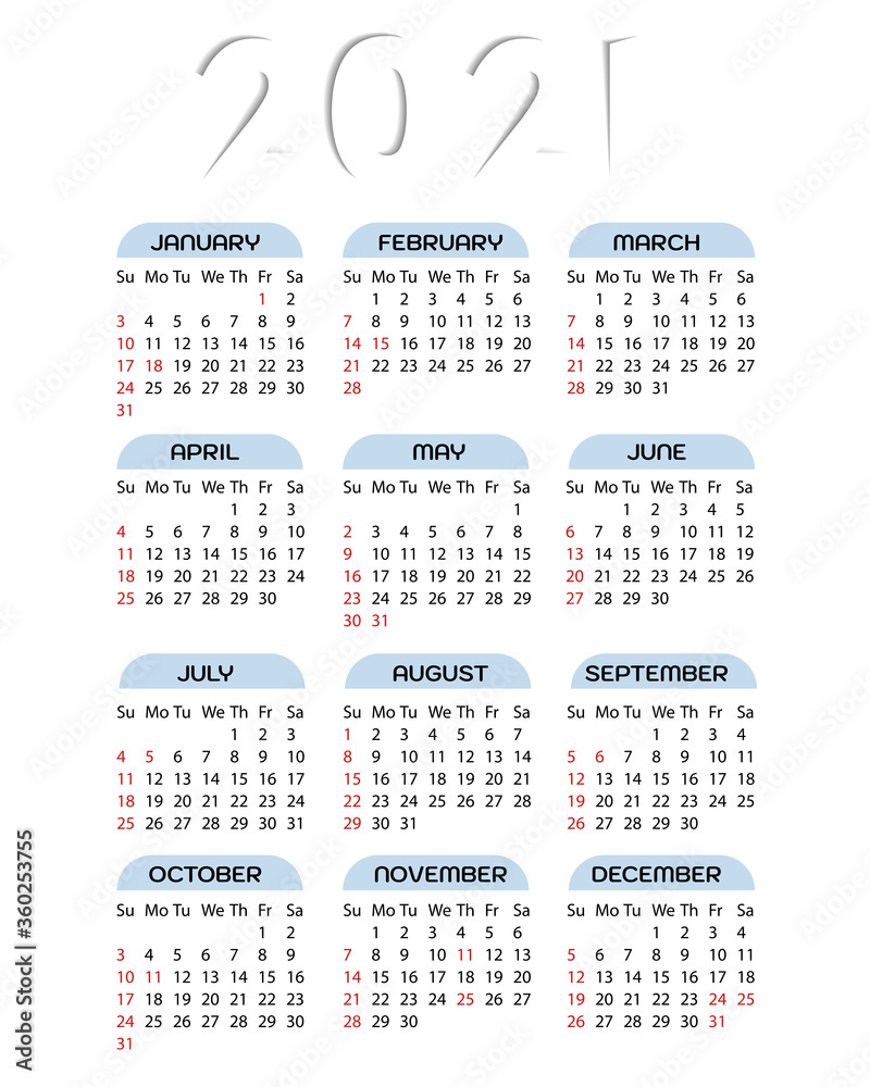 Vertical Calendar 2021, isolated on white background. Calendar grid in ...