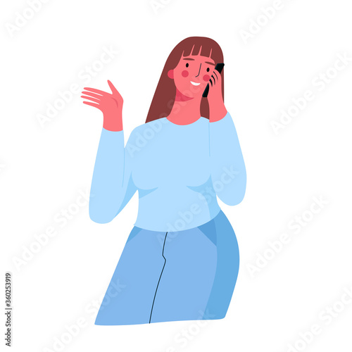 Young woman talking on the phone. Female character with smartphone. Cute woman with gadget isolated on white background. Vector cartoon illustration in a flat style.