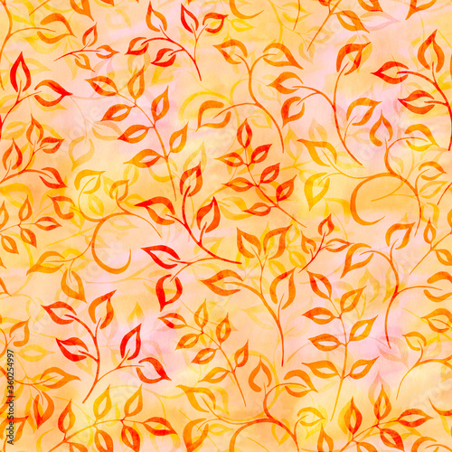 Watercolor red leaves on a yellow-orange background with splashes, drops. Seamless pattern. Hand-painted texture. Watercolor stock illustration. Design for backgrounds, wallpapers, textile, covers.