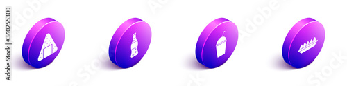 Set Isometric Onigiri, Bottle of water, Milkshake and Nachos in plate icon. Vector