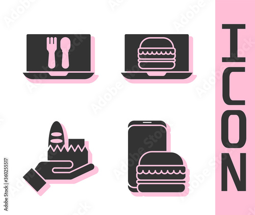 Set Online ordering and delivery, Online ordering and delivery, Online ordering and delivery and Online ordering burger delivery icon. Vector
