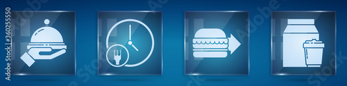 Set Covered with a tray of food, Round the clock delivery, Online ordering burger delivery and Online ordering and delivery. Square glass panels. Vector