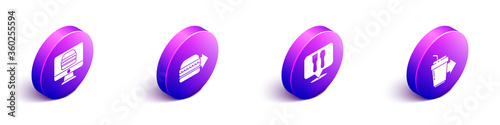 Set Isometric Online ordering and delivery, Online ordering burger delivery, Cafe and restaurant location and Coffee cup to go icon. Vector
