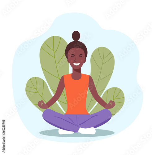 Young afro American woman doing yoga. Woman relaxing in the lotus position. Vector flat illustration.