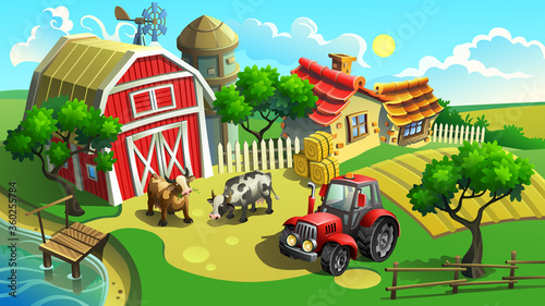 Vector illustration. Farm with field, tractor, houses, shed and cows.